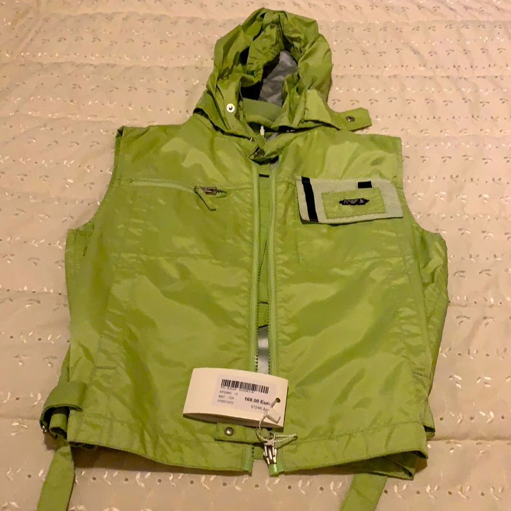 COPY - New Sport, Armani Jr. green windbreaker vest.  Side buckles, removable h…